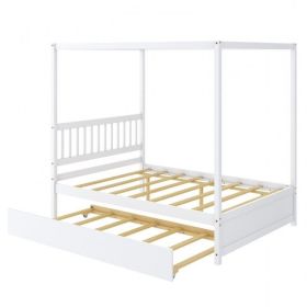 Full Size Canopy Platform Bed with Twin Roller Trundle Bed (Color: White)