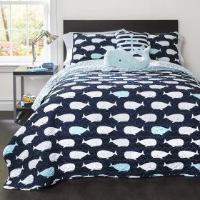 5-Piece Microfiber Quilt Set in Teal Pink Aqua Waves Whale Pattern (Color: navy teal, size: full/queen)