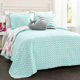 5-Piece Microfiber Quilt Set in Teal Pink Aqua Waves Whale Pattern (Color: pink aqua, size: full/queen)