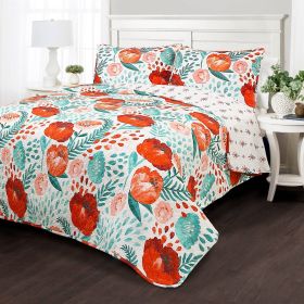 Full/Queen Red Poppy Flower Lightweight Cotton Quilt Set (Color: white teal, size: full/queen)
