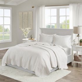 3-Piece Reversible Scalloped Edges Microfiber Quilt Set (Color: White, size: full/queen)