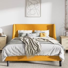 Upholstered Linen Blend Headboard Wingback Platform Bed (Color: Yellow, size: King)