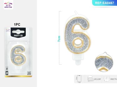 cm 1PCS *12PACK  Gold-Edged Silver Number Candle Luxurious Cake Decoration with Glitter Finish (0-9: 6)