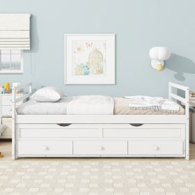 Twin Size Bed with Headboard,Footboard,Trundle and Three Storage Drawers,Twin Size Pine Wood Bed with Headboard,Footboard,Grey (Material: Pine, Color: White)
