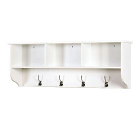 White Entryway Wall Mounted Coat Rack with 4 Dual Hooks Living Room Wooden Storage Shelf (Color: White, Material: MDF)
