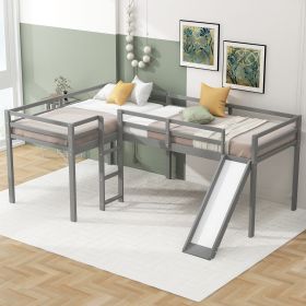 L-Shaped Twin Size Loft Bed with Ladder and Slide (Color: gray)