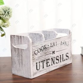 Rural style wooden kitchen utensil storage rack, 1 3-compartment storage box, countertop and wall mounted organizer, made of wood (Color: White)