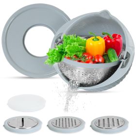 Multifunctional Mixing Bowl with Lid Set 3 Replaceable Graters Food Strainer and Colander Fruit Vegetable Washing Basket Stainless Steel (Color: Blue, size: One Size)
