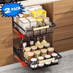 Pull Out Cabinet Organizer, Metal Slide Out Drawers for Cabinets, Sliding Drawers Adhesive Nano Film Roll out Shelf for Kitchen Pantry Bedroom (Quantity: 2 pack)